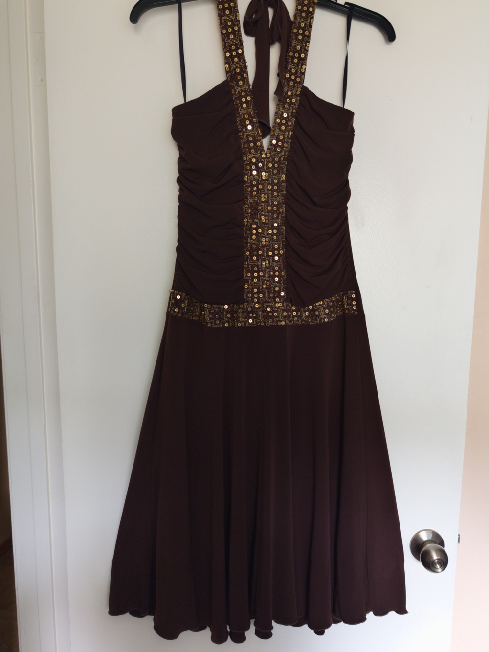 Brown Halter Sequin-Trim Dress New Years/70s Party